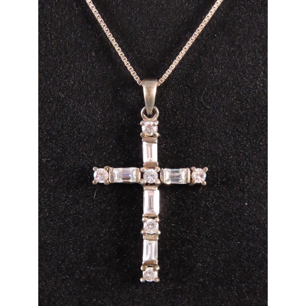 STERLING SILVER 30" Chain Necklace CNA CLEAR CZ CROSS PENDANT Unisex BAGUETTES